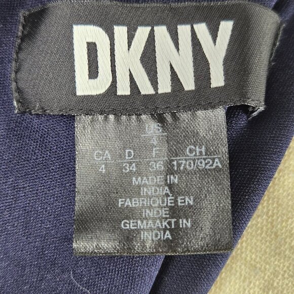 DKNY Size 4 Navy Blue Midi Dress White Polka Dots Vneck Sheer Ruched Sleeves - Picture 12 of 15